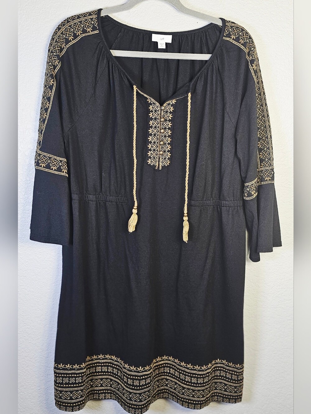J.Jill XL Petite Black Embroidered Boho Tunic Dress